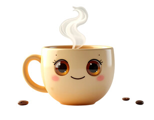 Cute kawaii coffee mug character with a smiling face and big glossy eyes, steaming hot with fresh coffee beans on an isolated white background