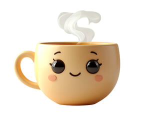 A delightful 3D rendered yellow cup with a cute kawaii smiling face and rosy cheeks, with hot steam rising from the beverage inside, isolated on a white background