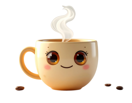 Cute kawaii coffee mug character with a smiling face and big glossy eyes, steaming hot with fresh coffee beans on an isolated white background