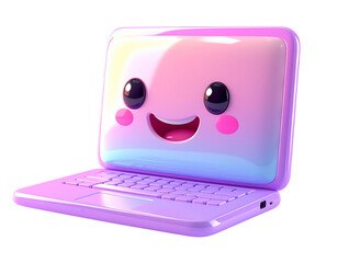 Adorable 3D rendered cartoon laptop character with a happy smiling face. Cute purple notebook with a pastel gradient screen isolated on a white background