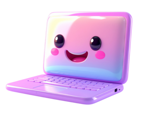 Adorable 3D rendered cartoon laptop character with a happy smiling face. Cute purple notebook with a pastel gradient screen isolated on a white background