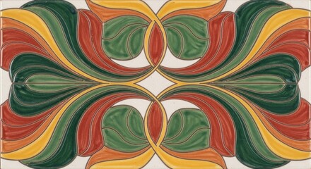 Ornate tile design with symmetrical floral motifs in green, red, yellow
