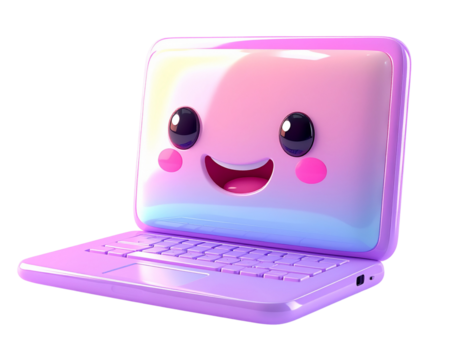 Adorable 3D rendered cartoon laptop character with a happy smiling face. Cute purple notebook with a pastel gradient screen isolated on a white background