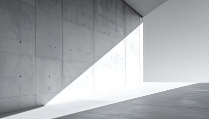 An abstract view of a textured concrete wall with a sharp, diagonal shadow, emphasizing minimalist architecture and stark contrast.