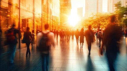 Blurred crowd of people walking through a sunlit urban plaza with tall modern buildings and trees reflecting golden light during sunset