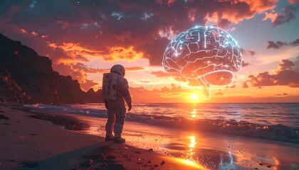 An astronaut on an alien beach faces a sunset with a huge, glowing, networked digital brain floating over the ocean, symbolizing extraterrestrial AI.