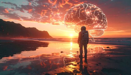 An astronaut on an alien beach faces a sunset with a huge, glowing, networked digital brain floating in the sky, symbolizing extraterrestrial AI.