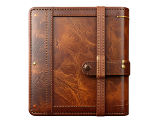 A beautifully crafted vintage leather-bound book or diary featuring detailed stitching and a secure closing strap for secrets and stories
