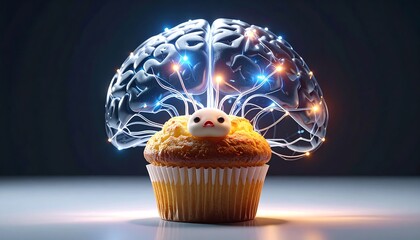 A cartoonish, wide-eyed brain is suspended above a plain, unfrosted cupcake.