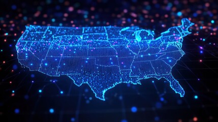Digital map of the United States composed of glowing blue dots and lines with highlighted state borders and scattered bright nodes representing data points or connections