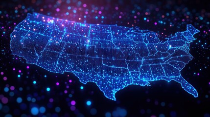 Digital glowing map of the United States highlighting state boundaries with a futuristic blue and purple light effect on a dark background