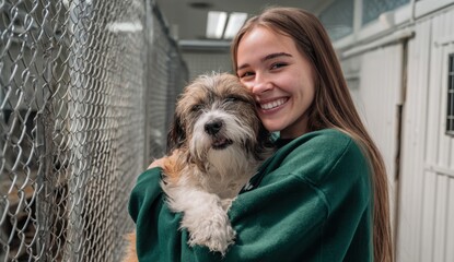 Young woman smiling happily while holding a fluffy puppy outdoors in a fenced area