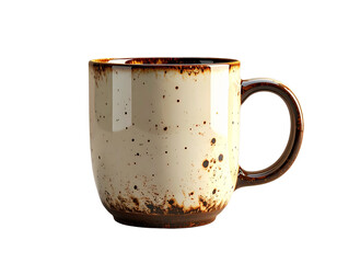Handmade style rustic ceramic coffee mug with a brown speckled glaze and handle, an isolated piece of earthenware for hot beverages on a white background