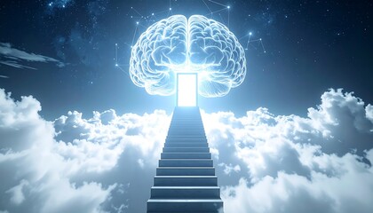 Stairway leading through clouds to a glowing door set inside a large digital brain.