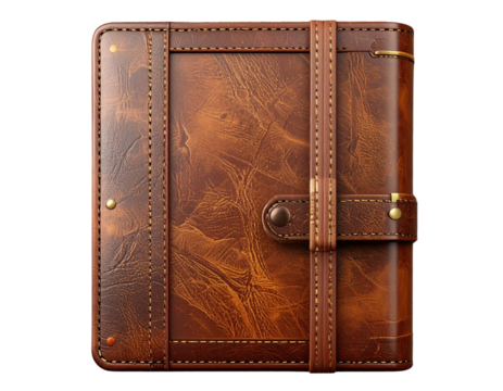 A beautifully crafted vintage leather-bound book or diary featuring detailed stitching and a secure closing strap for secrets and stories
