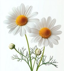 Naklejka premium Two blooming white daisy flowers with bright yellow centers and green stems and leaves against a plain white background conveying freshness and simplicity