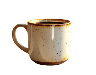 A rustic speckled ceramic coffee mug filled with dark black coffee, isolated on a clean white background for easy editing