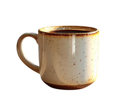 A rustic speckled ceramic coffee mug filled with dark black coffee, isolated on a clean white background for easy editing