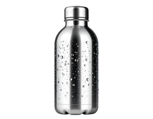 A chilled silver stainless steel water bottle covered in fresh condensation drops, representing sustainable hydration and an eco-friendly lifestyle