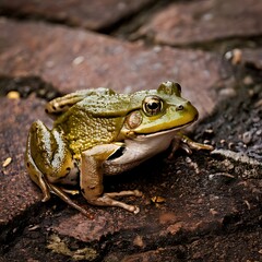 Close-up of a green frog resting on a textured, brick-paved surface