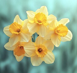 Close-up of a cluster of pale yellow daffodil flowers with vibrant orange trumpet centers against a soft focused teal background