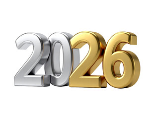 Shiny gold and silver metallic numbers for the New Year 2026 celebration, isolated on a clean white background, representing a future event or calendar