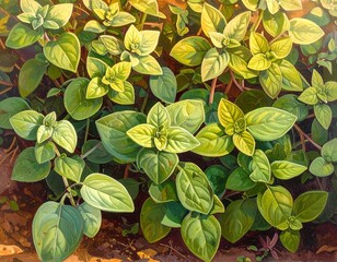 Close-up of vibrant oregano plants growing in a garden with sunlit leaves