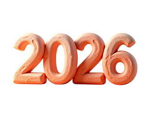 Playful orange modeling clay numbers forming the year 2026. A creative and textured numeric symbol for the future, isolated on white