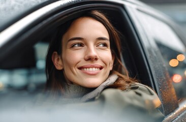 A beautiful woman smiles while looking out of a car window, enjoying a pleasant day with happiness.
