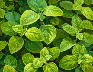 Close-up View of Fresh Green Oregano Leaves in a Botanical Artistic Composition