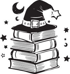 A mystical witch hat on a stack of books with a spider vector illustration, perfect for Halloween or magical-themed designs.