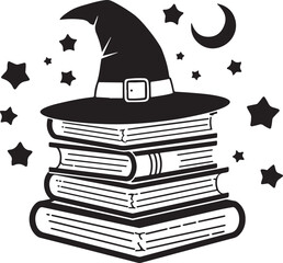 A mystical witch hat on a stack of books with a spider vector illustration, perfect for Halloween or magical-themed designs.