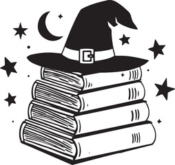 A mystical witch hat on a stack of books with a spider vector illustration, perfect for Halloween or magical-themed designs.