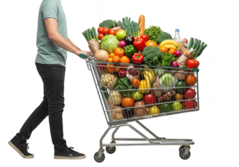 Person pushing full grocery cart packed with fresh produce and groceries towards viewer isolated on transparent background