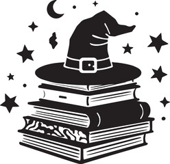 A mystical witch hat on a stack of books with a spider vector illustration, perfect for Halloween or magical-themed designs.