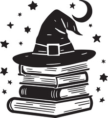 A mystical witch hat on a stack of books with a spider vector illustration, perfect for Halloween or magical-themed designs.