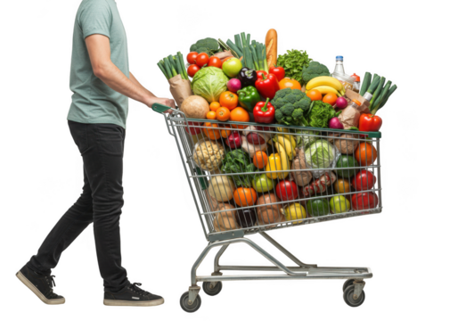 Person pushing full grocery cart packed with fresh produce and groceries towards viewer isolated on transparent background