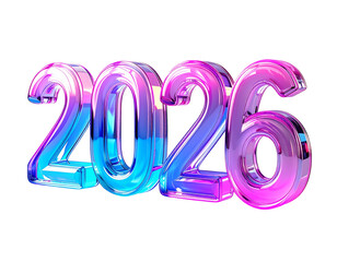 Vibrant 3D number 2026 in glossy iridescent glass, isolated on a white background for New Year celebrations and future concepts