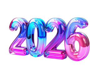 Vibrant 3D rendering of the year 2026 in a colorful holographic glass or crystal typography isolated on a clean white background