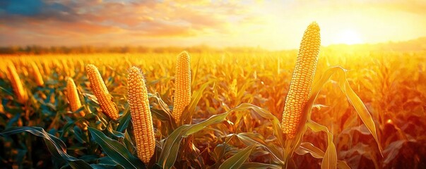 Golden cornfield at sunset with fully grown corn ears illuminated by warm sunlight under a colorful sky