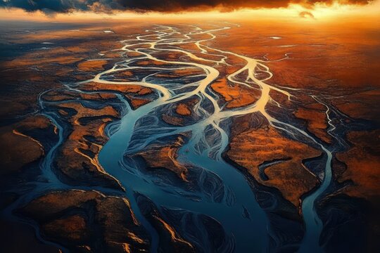 aerial view of winding river channels flowing through a rugged landscape during sunset with dramatic clouds and warm orange light - Powered by Adobe