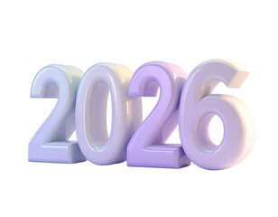Glossy 3D numbers for the new year 2026 rendered in soft pastel purple and blue colors on a clean white background