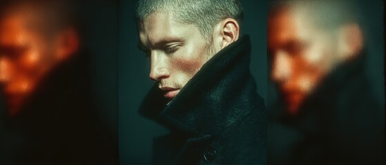 Fototapeta premium Thoughtful man in dark coat with short hair and subtle expression against blurred background, strong profile shot