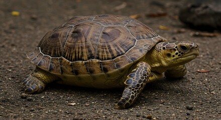 Naklejka premium Tortoise with patterned shell and scaled limbs moves across textured ground blending earthy detail with natural reptilian presence