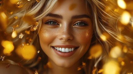 Close-up of a smiling young woman with blonde hair and glitter on her cheeks surrounded by golden confetti creating a festive and joyful atmosphere
