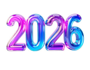 Vibrant 3D rendering of the number 2026, featuring a glossy, iridescent glass finish with a colorful gradient of pink, purple, and blue hues on a white background