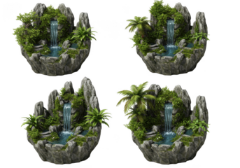 Four detailed 3d renderings of lush miniature island waterfalls with rocky outcroppings isolated on transparent background