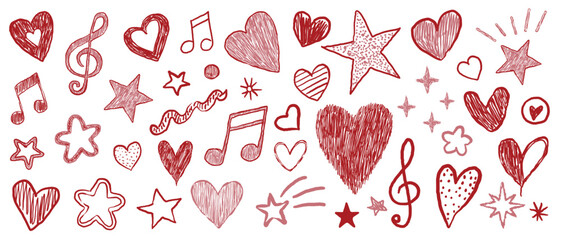 Grunge rock punk music elements with hand drawn.Lightning, star, notes and crown in doodle style vector set.