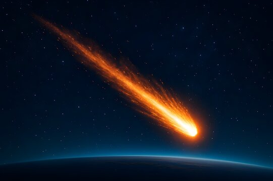 Spectacular Meteor with Fiery Tail Streaking Across the Starry Night Sky