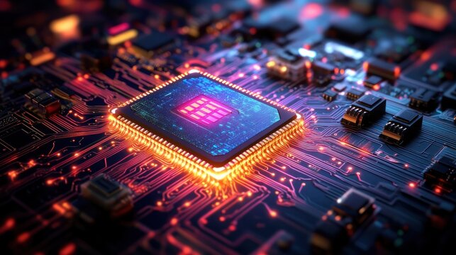Close-up of a glowing computer microprocessor chip with illuminated circuit pathways on a motherboard emitting bright orange and blue light